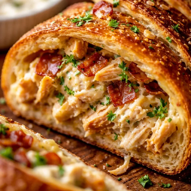 Delicious Chicken Bacon Ranch Stuffed Bread with crispy bacon and tender chicken.
