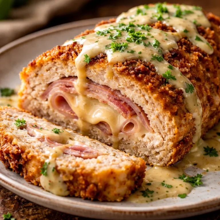 Delicious Chicken Cordon Bleu Meatloaf with ham and cheese filling