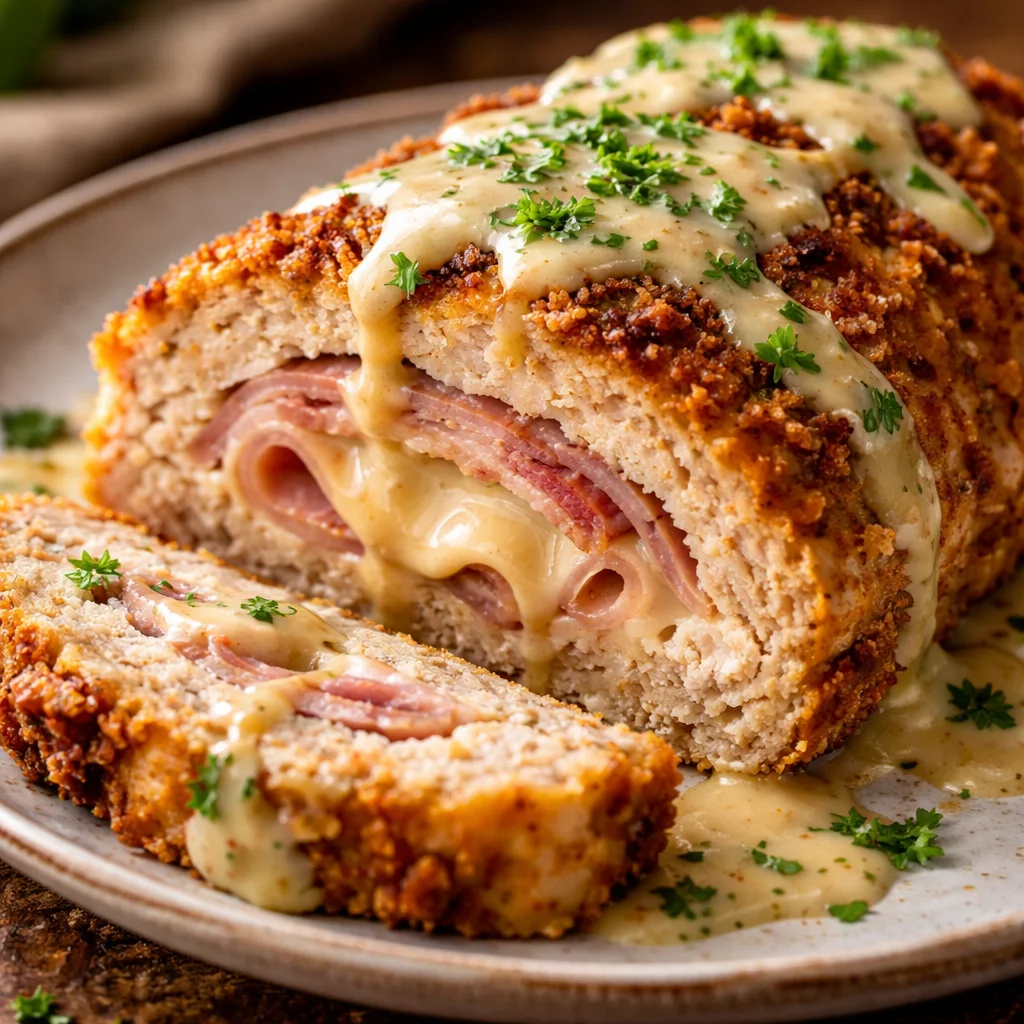 Delicious Chicken Cordon Bleu Meatloaf with ham and cheese filling