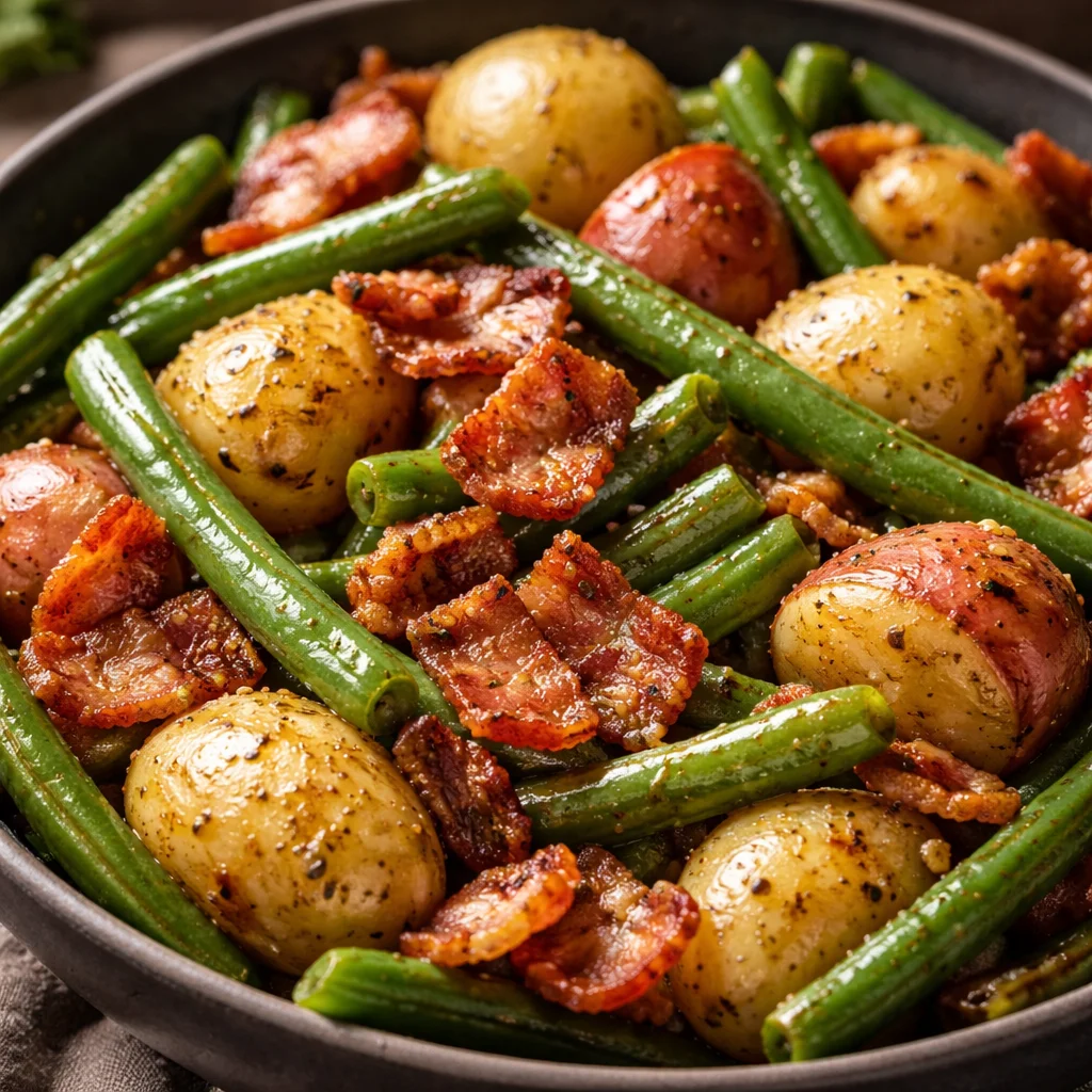 Dish of Country Ranch Green Beans and Potatoes with Bacon served in a bowl