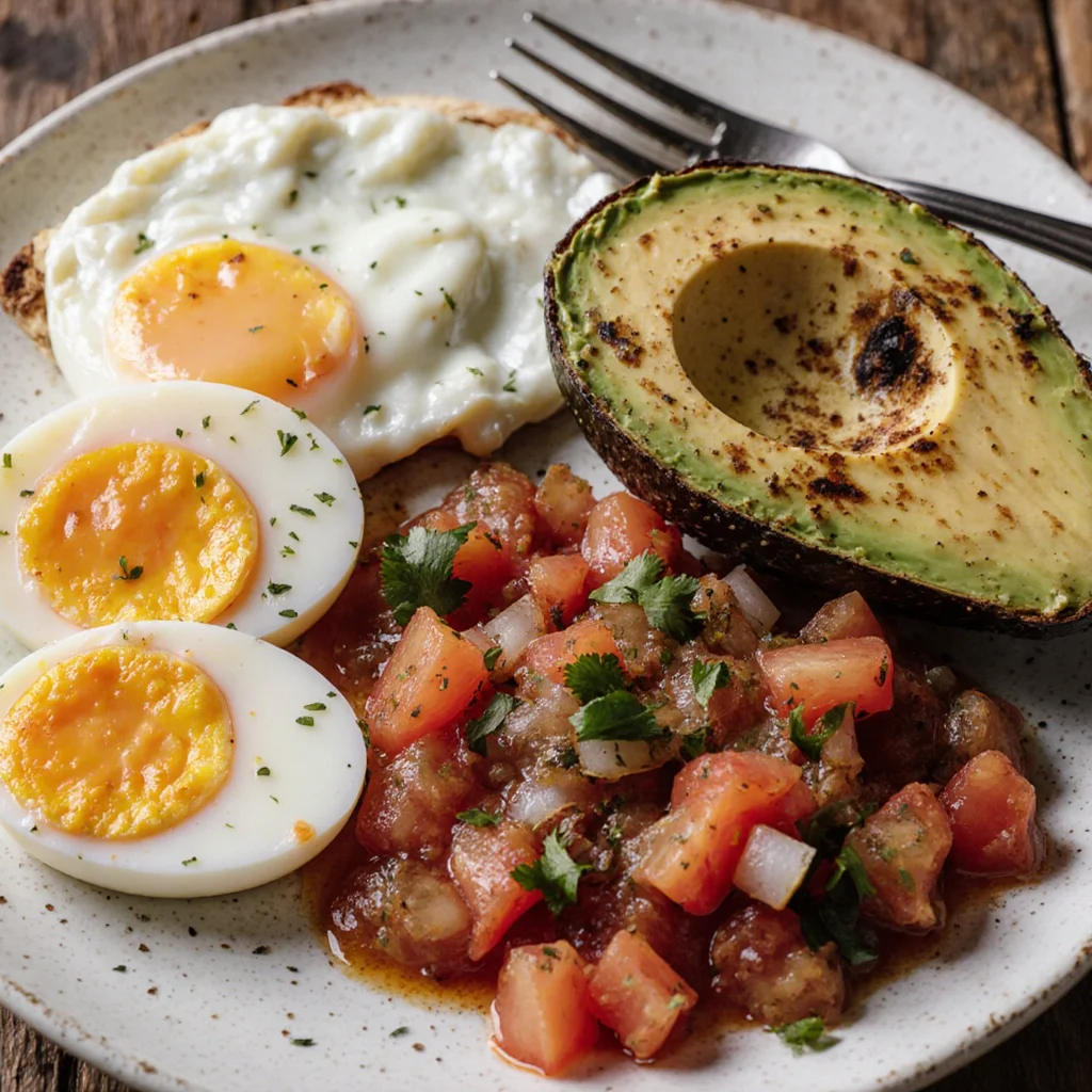 Egg Avocado Power Plate with fresh salsa ready to serve