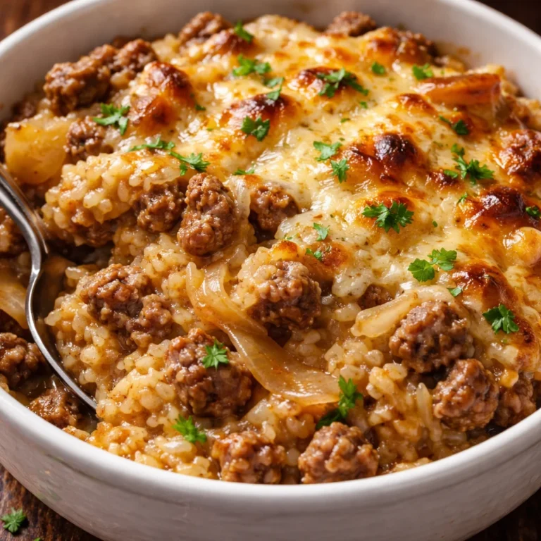 Delicious French onion casserole with ground beef and rice