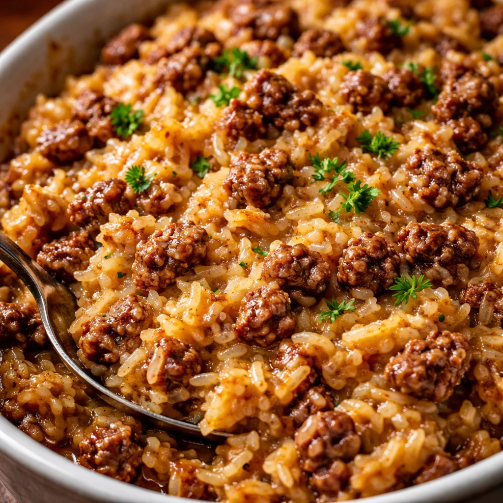 Delicious French Onion Casserole with ground beef and rice served in a baking dish.