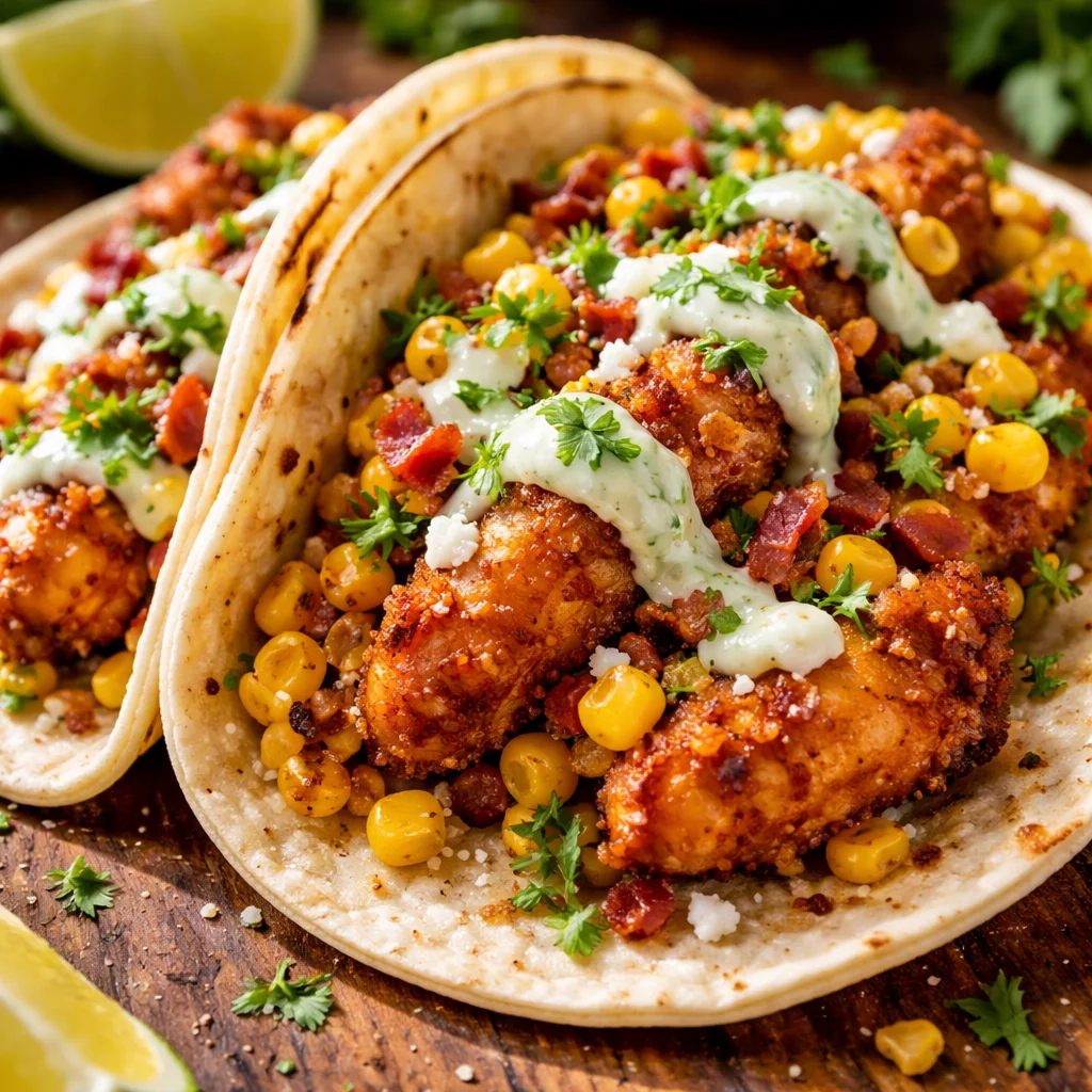 Fried chicken tacos with street corn, bacon, and jalapeno lime ranch dressing