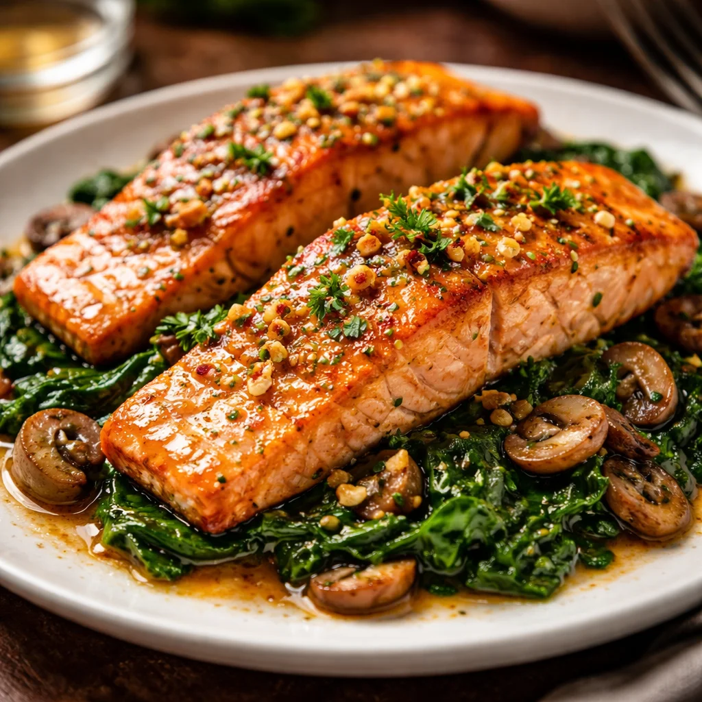 Garlic Butter Salmon served with spinach and mushrooms on a plate