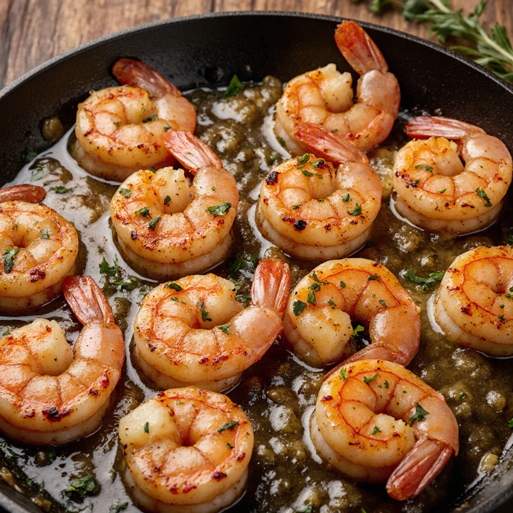 Delicious garlic butter shrimp skillet served with herbs and lemon