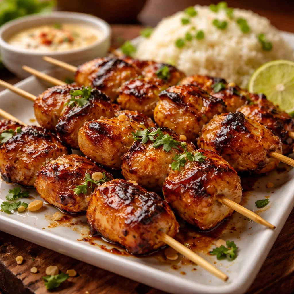 Grilled Thai Coconut Chicken Skewers ready to serve on a platter
