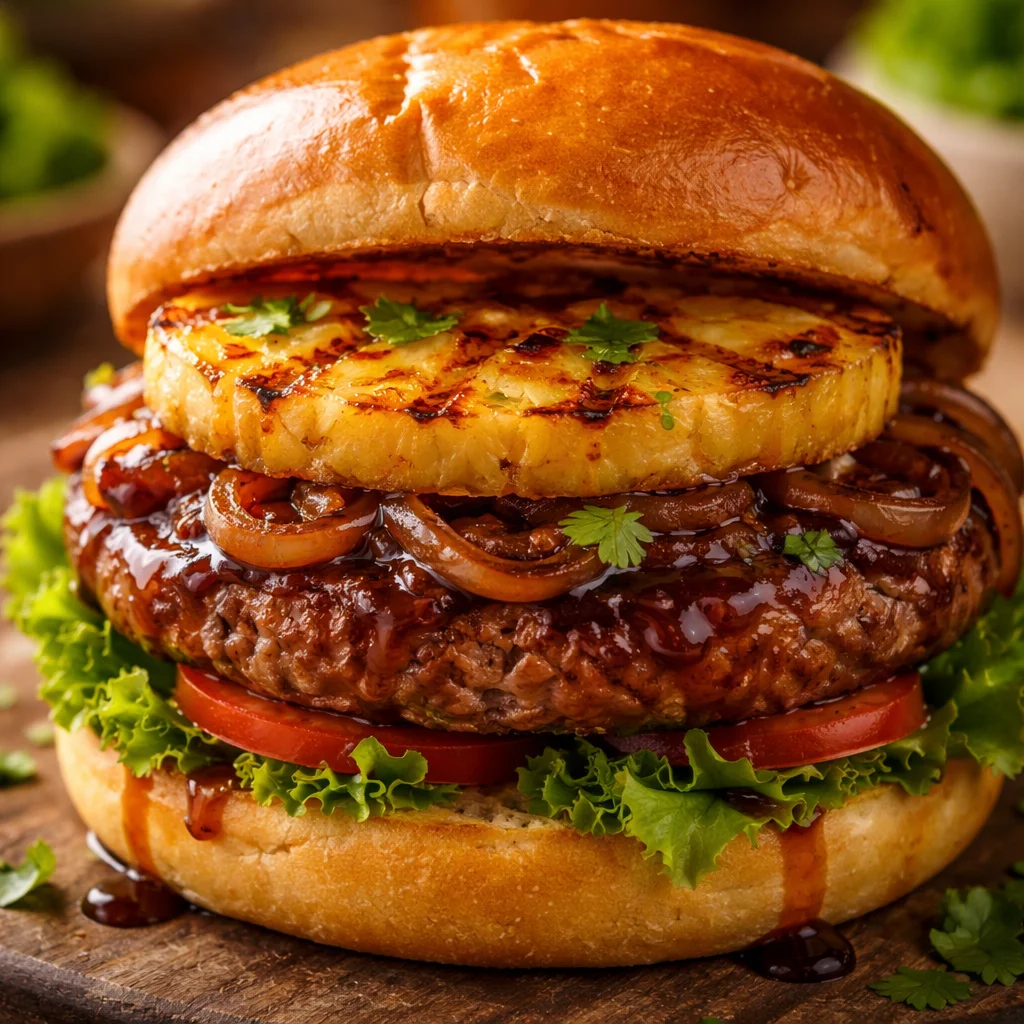 Delicious Hawaiian teriyaki burgers topped with pineapple and teriyaki sauce