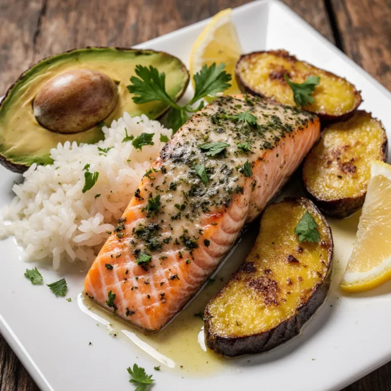 Delicious Herb Salmon Plate garnished with fresh herbs and served beautifully.
