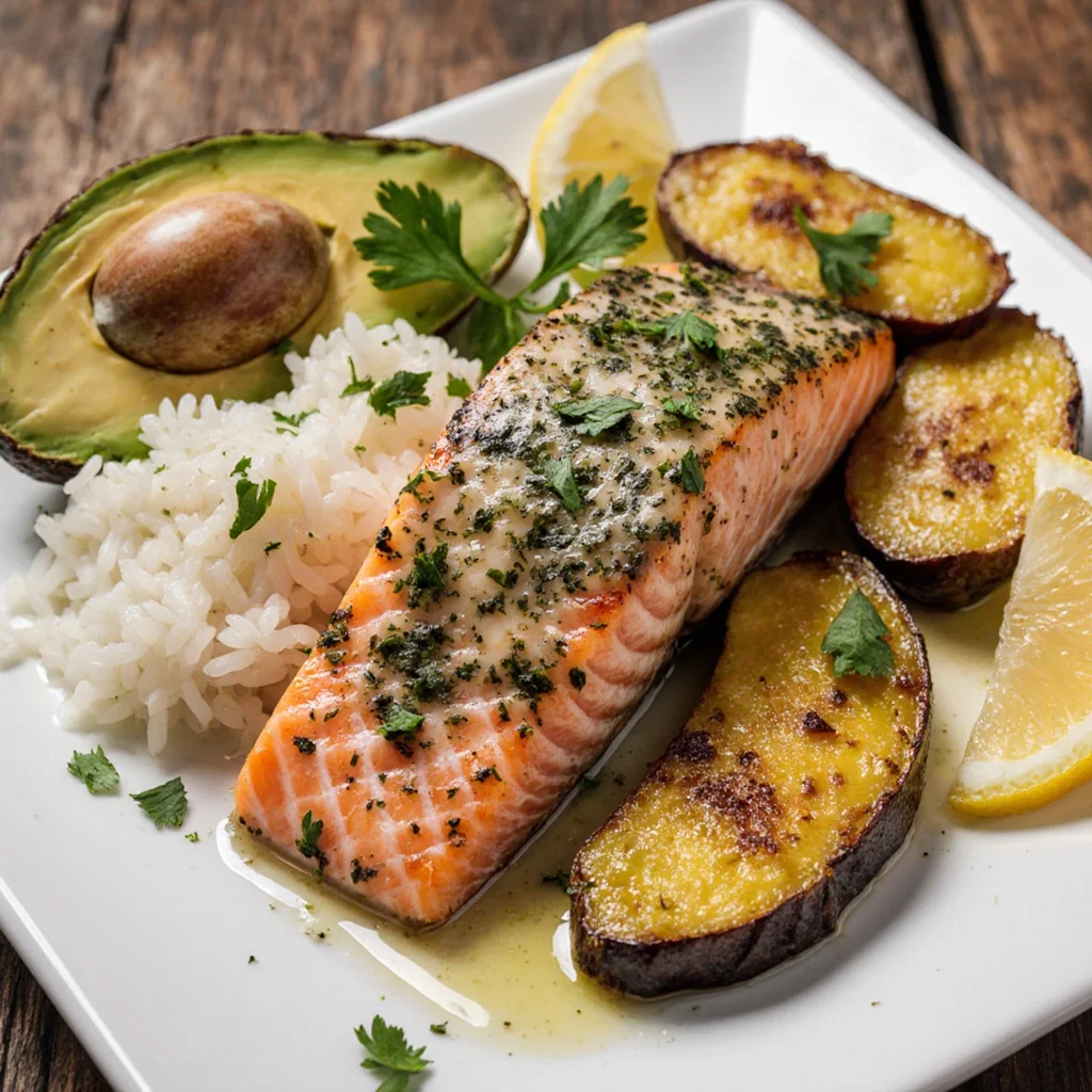 Delicious Herb Salmon Plate garnished with fresh herbs and served beautifully.