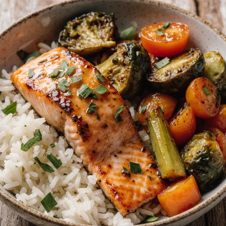 Honey Garlic Salmon Rice Bowl with sautéed vegetables for a healthy meal.