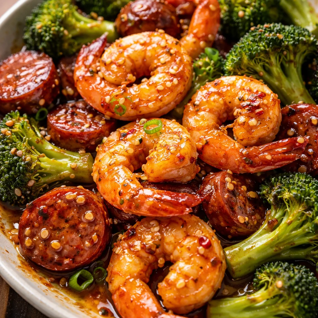 Honey Garlic Shrimp with sausage and broccoli served on a plate