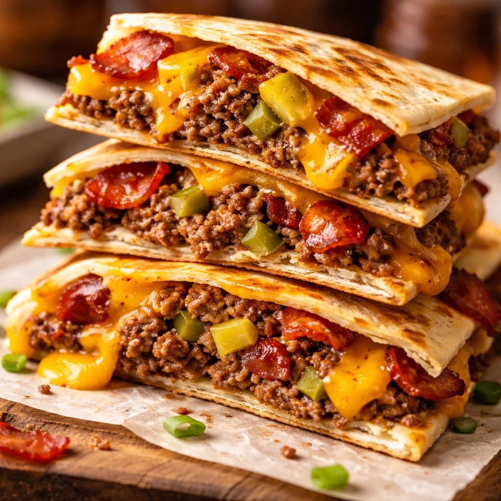 Maple bacon cheeseburger quesadillas served on a plate