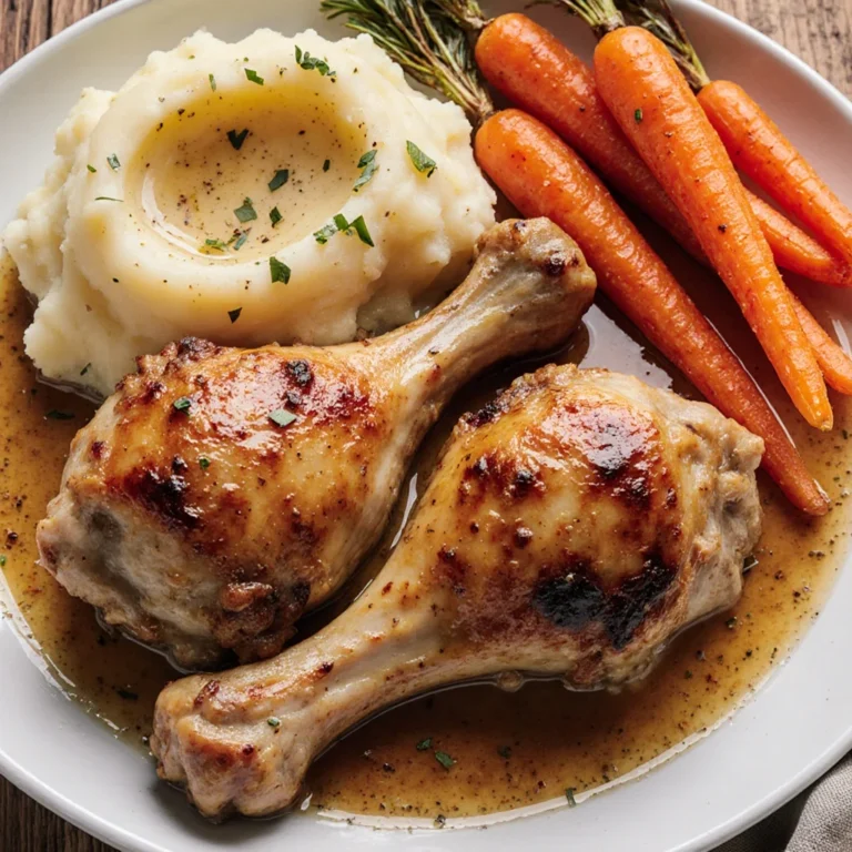 Roasted chicken drumsticks served with creamy mashed potatoes and glazed carrots