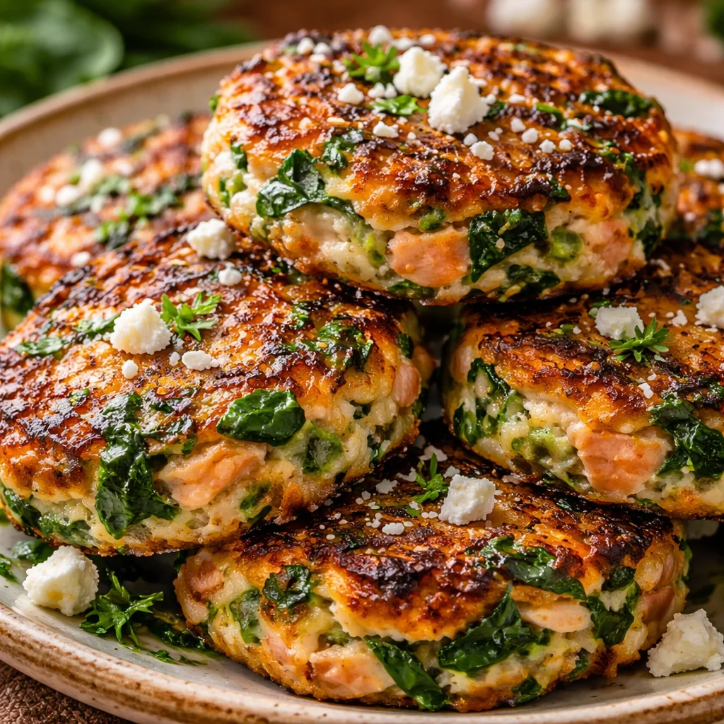 Salmon and spinach patties with feta cheese served on a plate