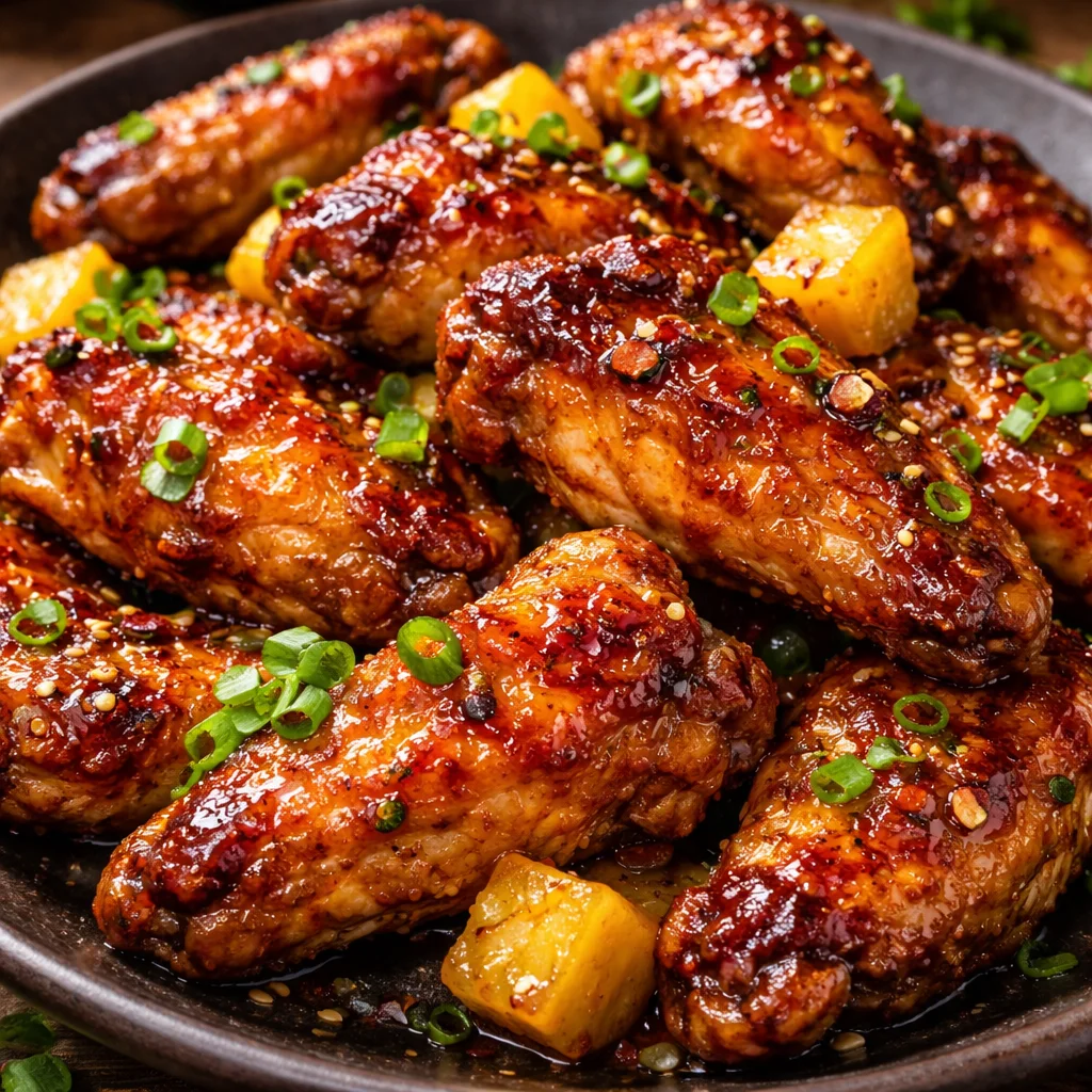 Sticky pineapple glazed wings on a platter, garnished with sesame seeds and herbs.