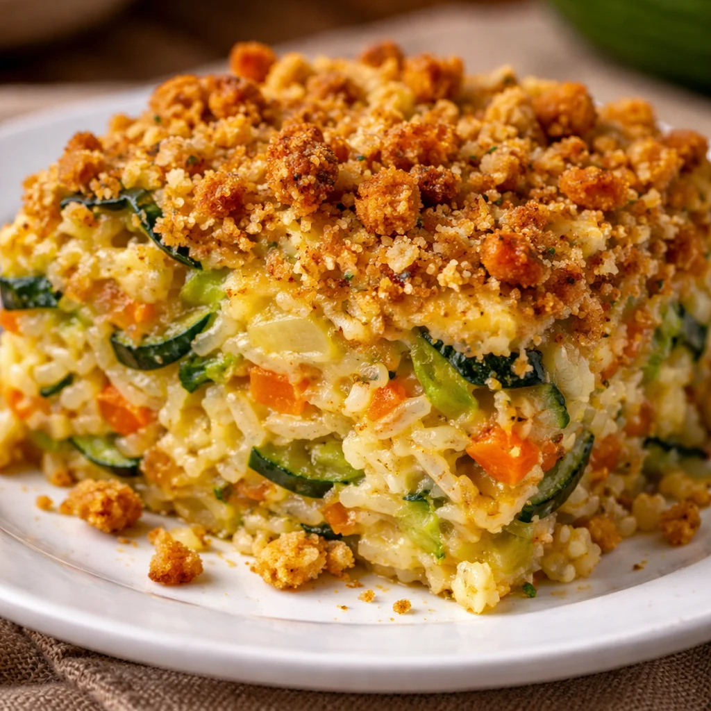 Zucchini Rice Casserole with Stuffing Mix served in a baking dish